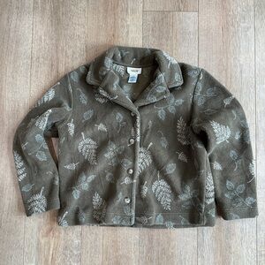 Talbots Olive Leaf Print Fleece Button Front Jacket Small Cozy